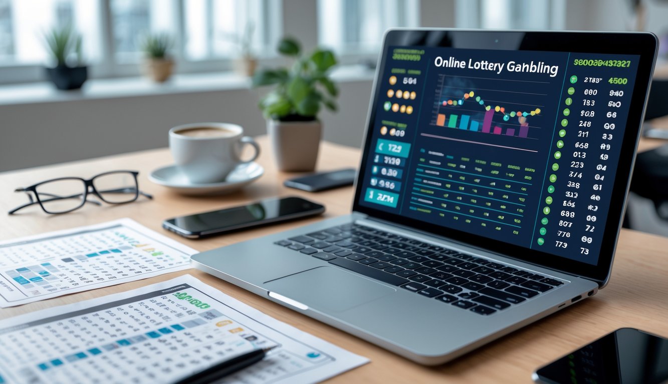 Meja kerja dengan laptop menampilkan data statistik togel, kertas dengan angka, pena, dan suasana kantor yang tenang.