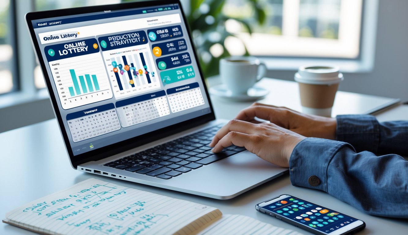 Seseorang sedang bekerja di depan laptop dengan catatan dan ponsel di meja, fokus pada strategi judi togel online.