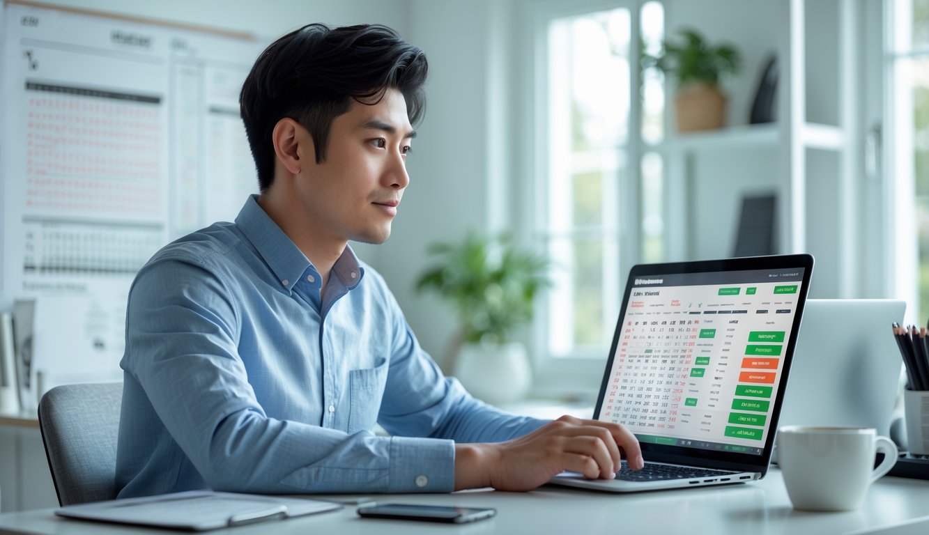 Seorang pria muda duduk di meja kerja dengan laptop, fokus melihat data terkait judi togel online di ruang kerja yang terang dan rapi.