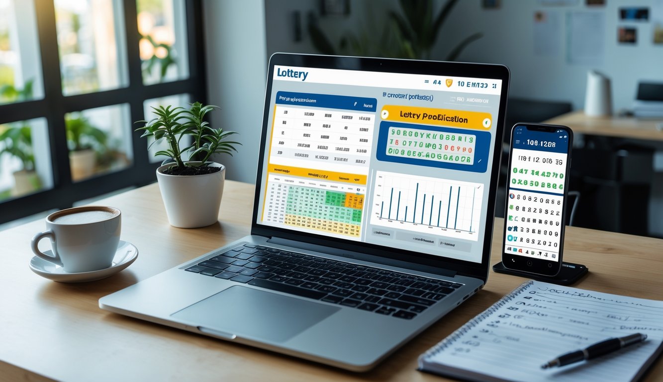 Meja kerja modern dengan laptop, ponsel, dan buku catatan yang menampilkan prediksi judi togel online.