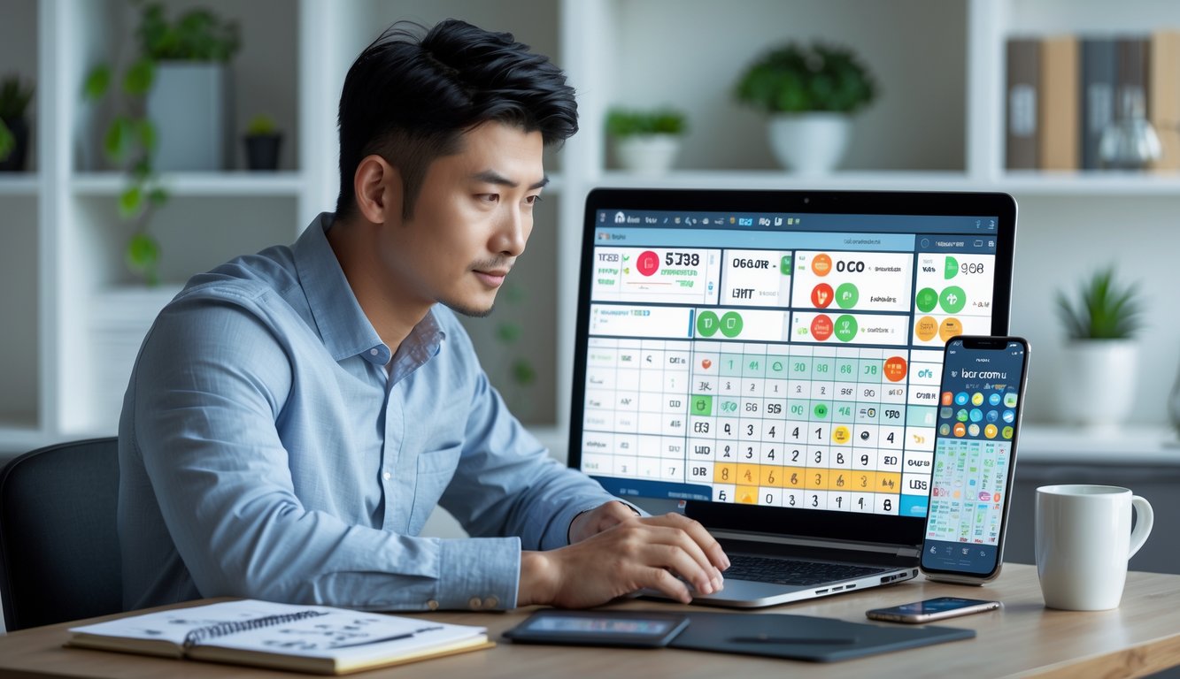 Seorang pria muda duduk di meja kerja dengan laptop, mencerminkan suasana fokus dan analisis dalam bermain judi togel online secara jujur.