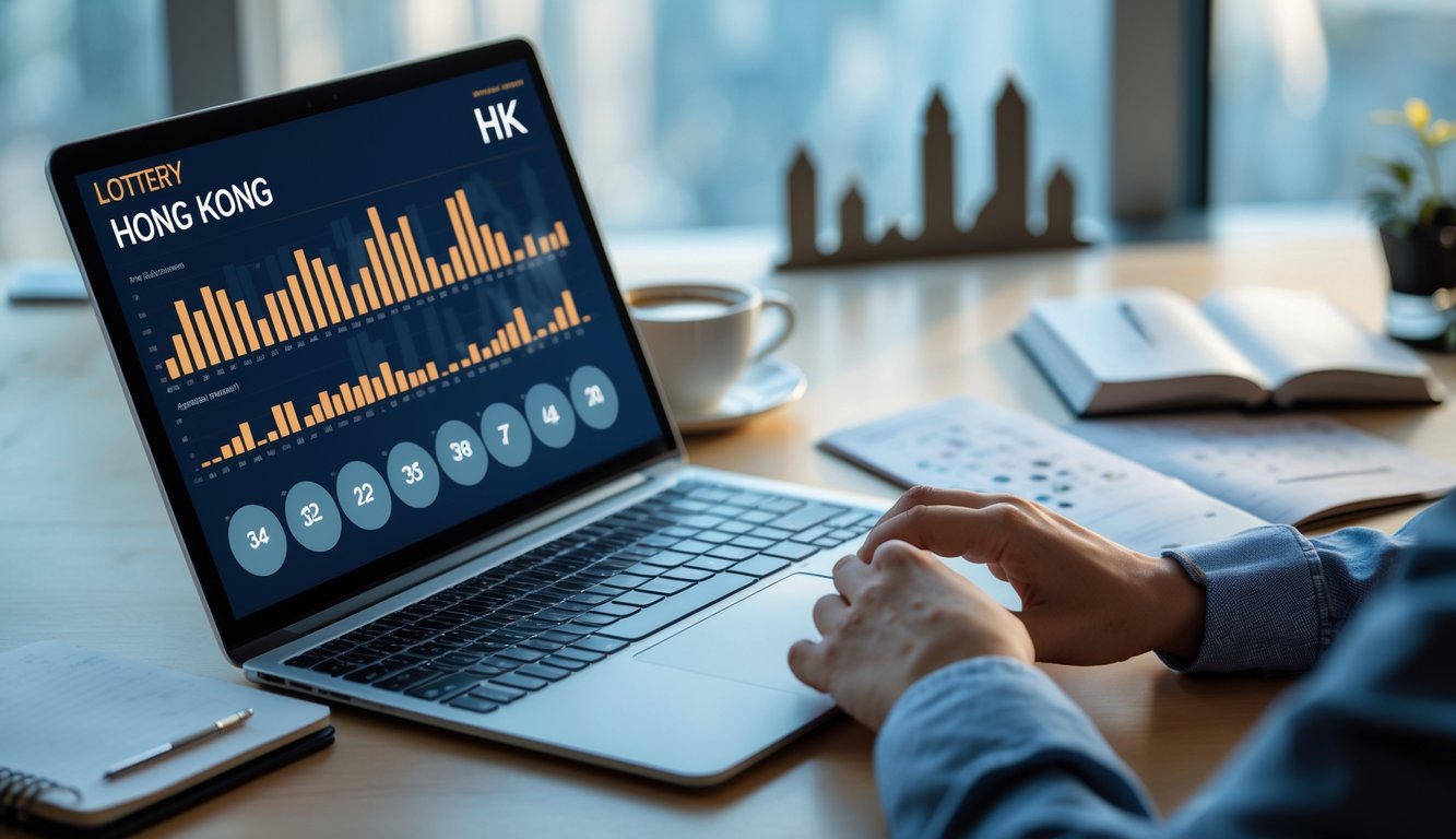 Seseorang sedang menganalisis data statistik togel online di laptop dan tablet di meja kerja modern dengan latar belakang elemen kecil yang mengacu pada Hong Kong.