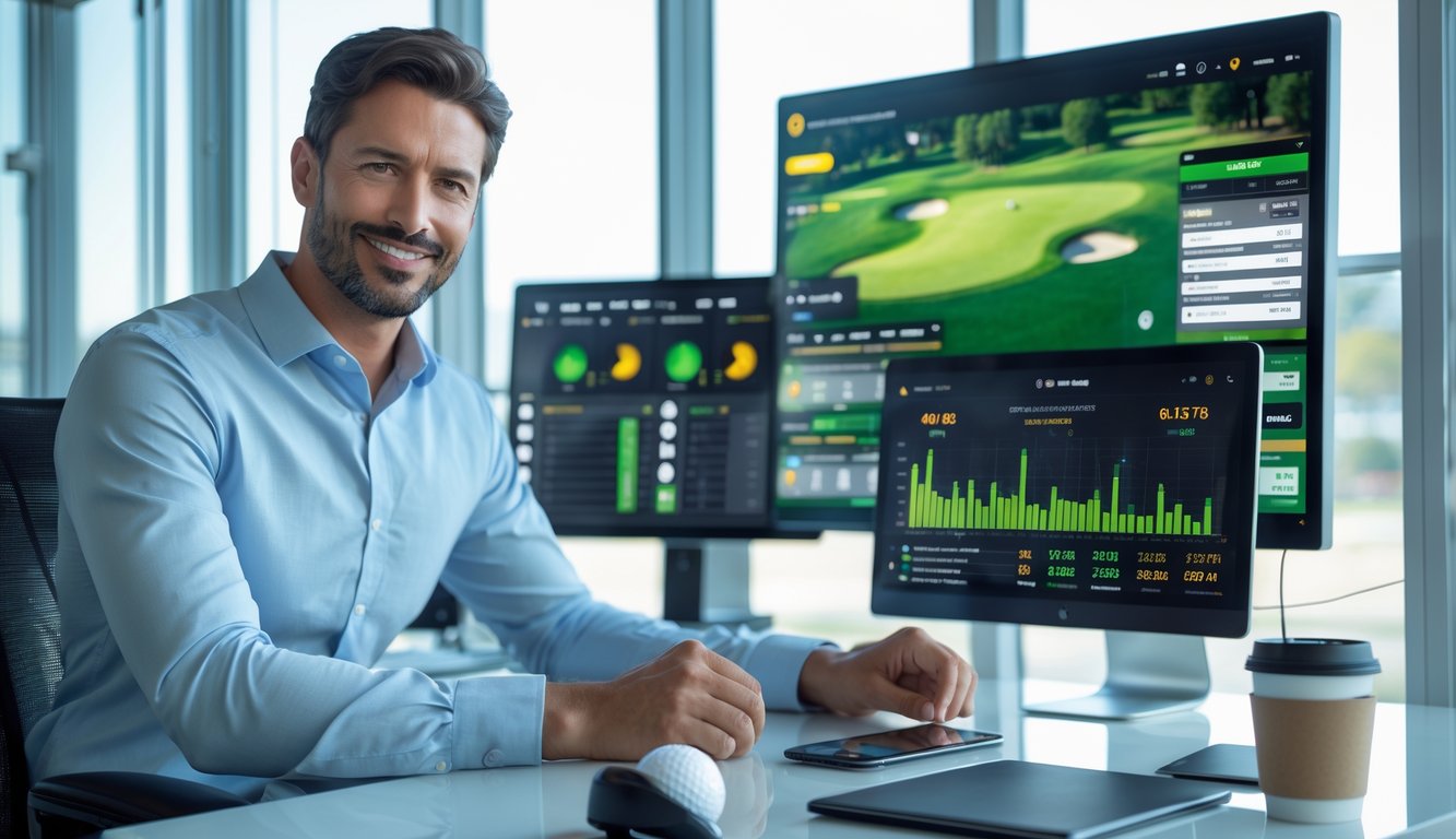 Seorang pria duduk di meja kerja dengan layar komputer yang menampilkan statistik pemain golf dan grafik, di ruangan kantor yang terang dengan peralatan golf di sekitar.