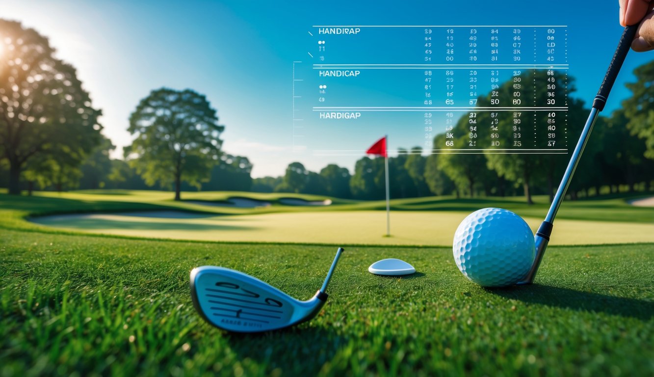 Pemandangan lapangan golf dengan tangan pemain memegang bola golf dan tee, serta tongkat golf di rumput, di bawah langit cerah.