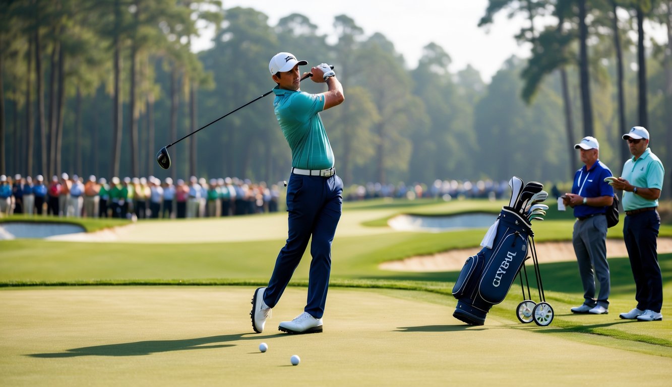 Seorang pegolf sedang mengayunkan tongkat golf di lapangan golf yang hijau dengan penonton di latar belakang.