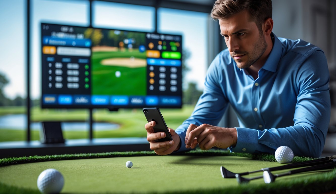 Seorang pria sedang memasang taruhan langsung pada pertandingan golf dengan layar digital besar dan latar belakang lapangan golf.