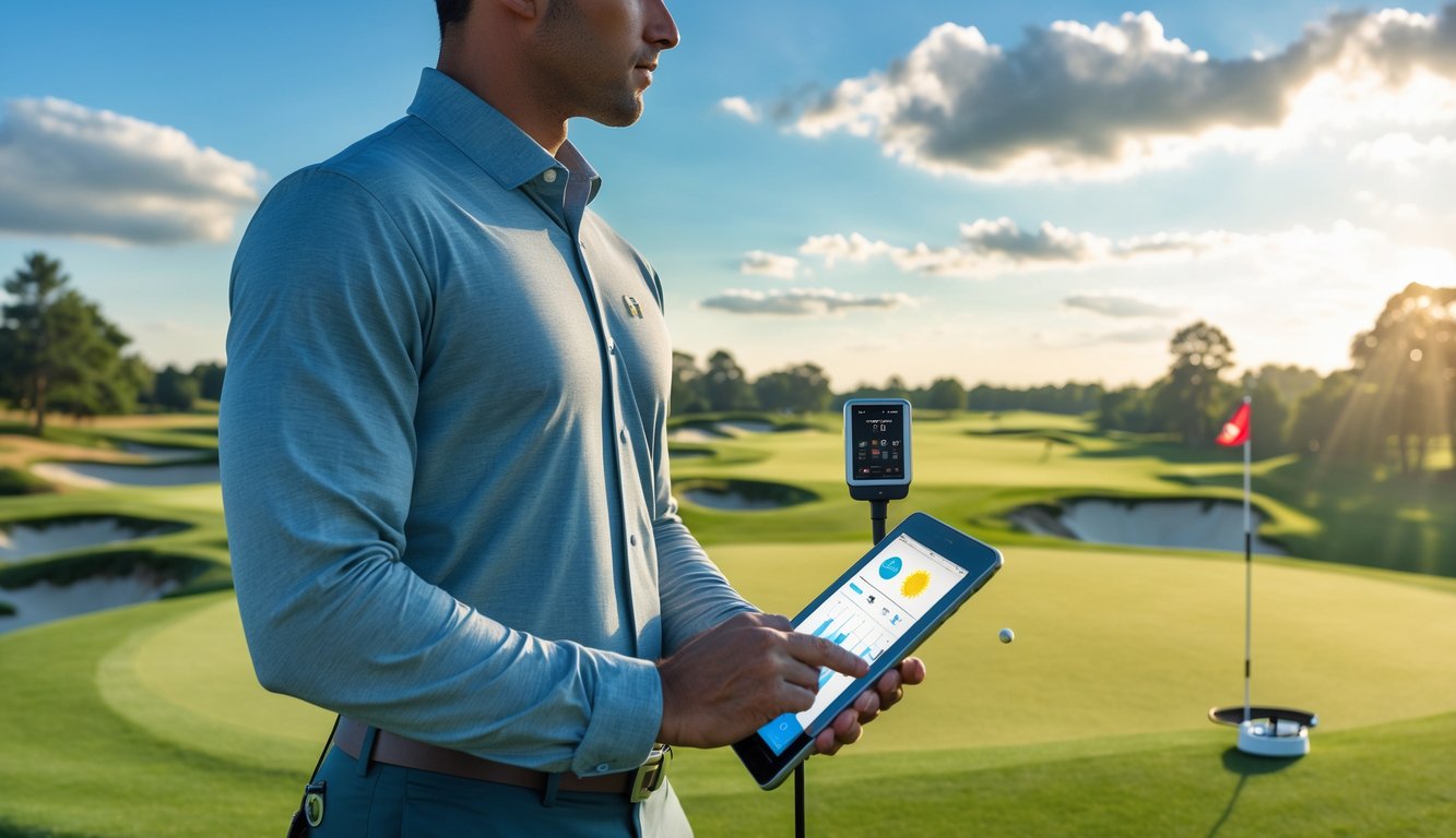 Seorang pria berdiri di lapangan golf memegang klub golf dan tablet yang menampilkan data cuaca dan peta lapangan.