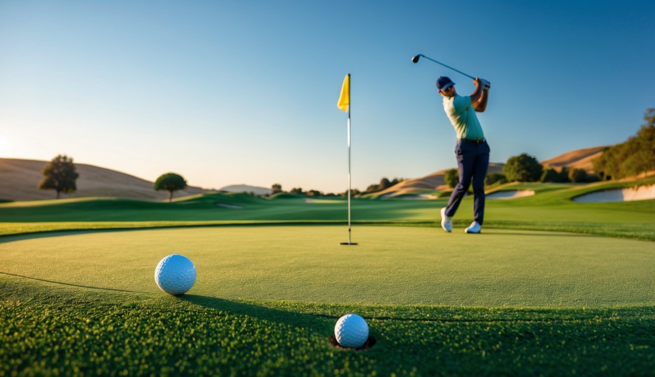 Lapangan golf yang rapi dengan pemain golf sedang mengayunkan tongkat golf di bawah langit cerah.