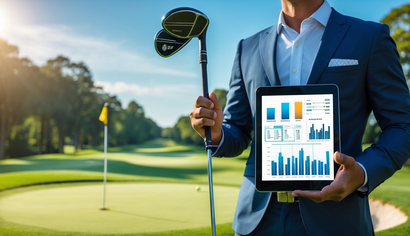 Seorang pria berdiri di lapangan golf hijau memegang tongkat golf dan tablet dengan grafik, menunjukkan fokus dan strategi dalam taruhan golf.