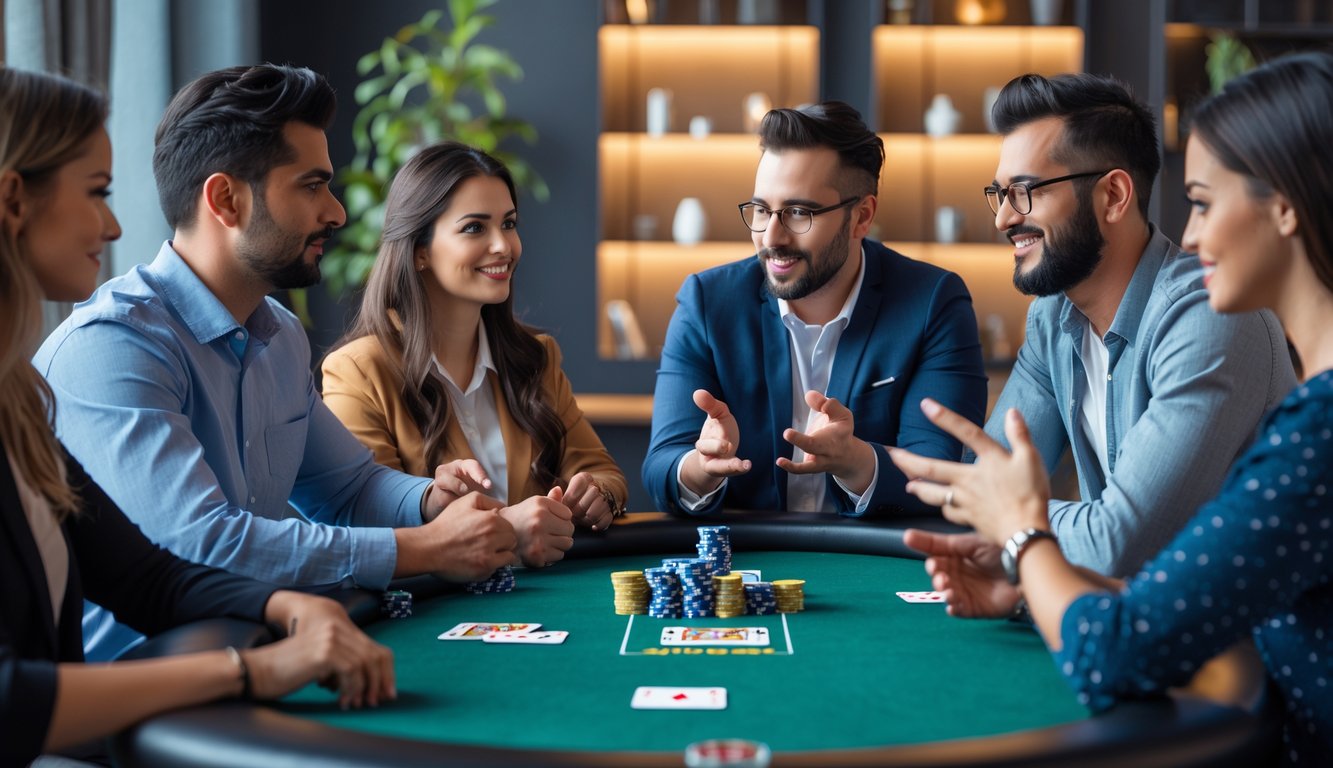 Tiga orang sedang belajar bermain poker di meja dengan chip dan kartu, di dalam ruangan yang nyaman.