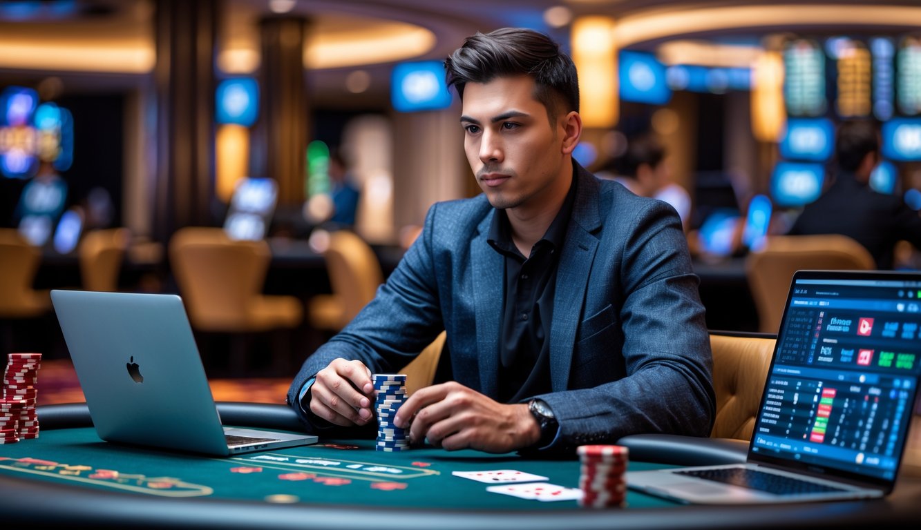 Seorang pria muda duduk di meja poker dengan kartu dan chip, fokus merencanakan strategi permainan poker online.