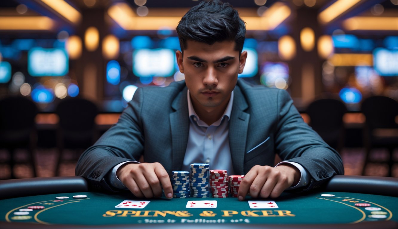 Seorang dewasa muda duduk di meja poker dengan tumpukan chip dan kartu, terlihat fokus dan serius dalam suasana kasino.