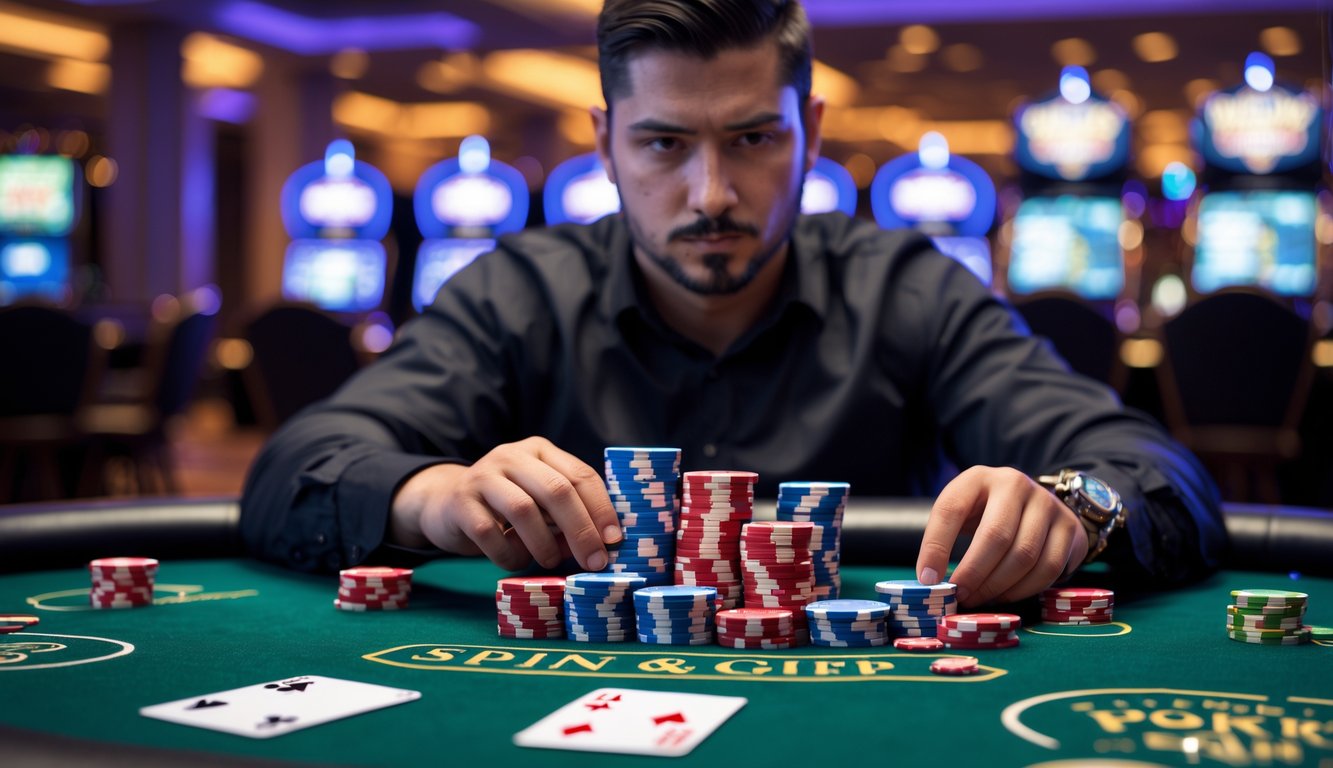 Seorang pemain poker sedang mengatur tumpukan chip dengan fokus di meja poker di dalam kasino.