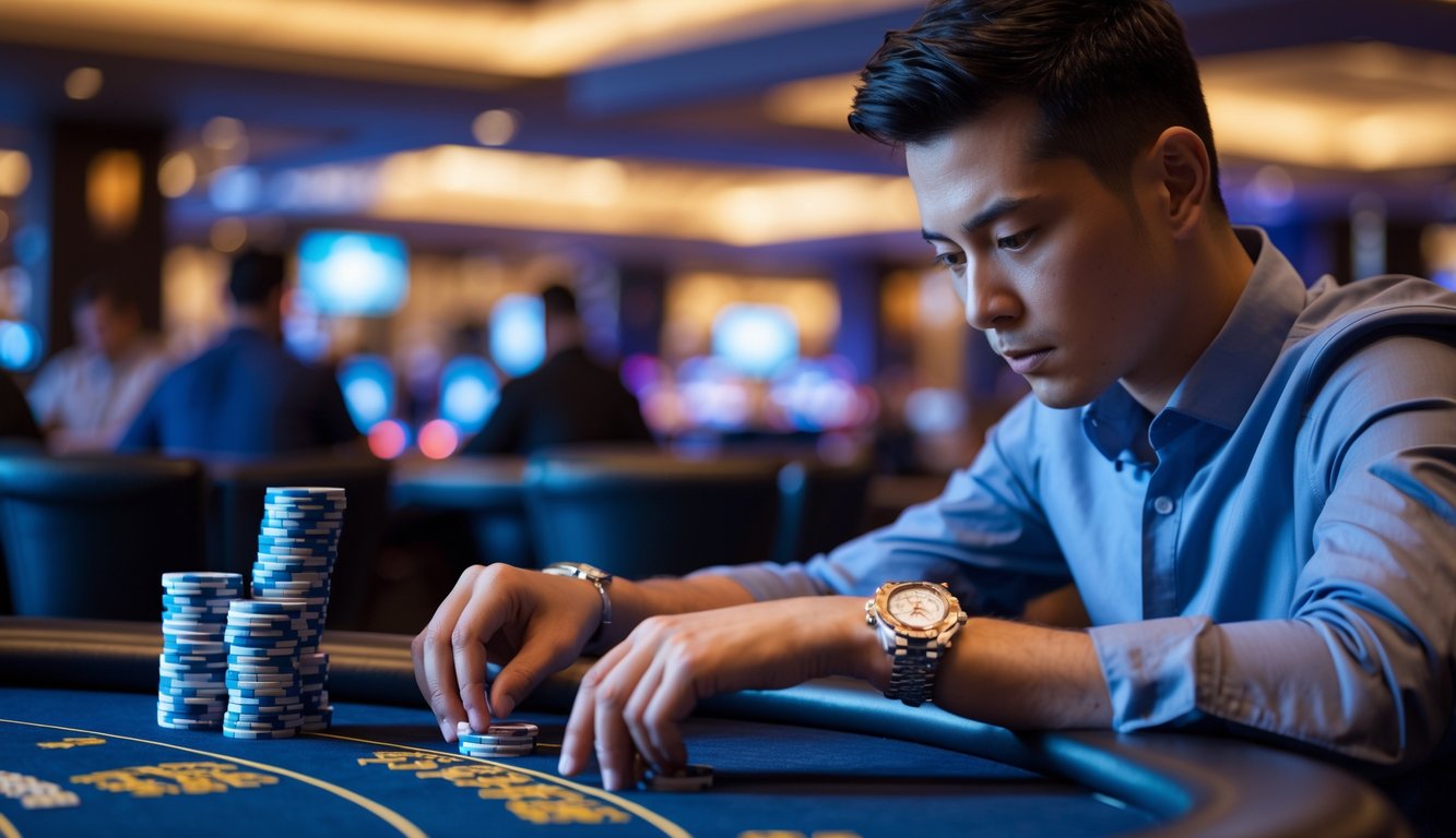 Seorang pemain poker fokus duduk di meja poker dengan tumpukan chip di depan, di dalam suasana kasino yang tenang.