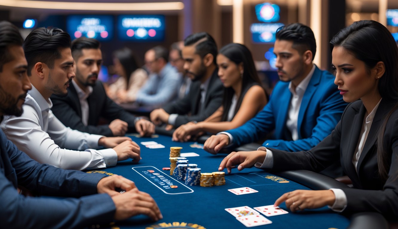 Beberapa pemain poker sedang fokus bermain di meja poker dengan chip dan kartu, suasana kasino yang modern dan terang.