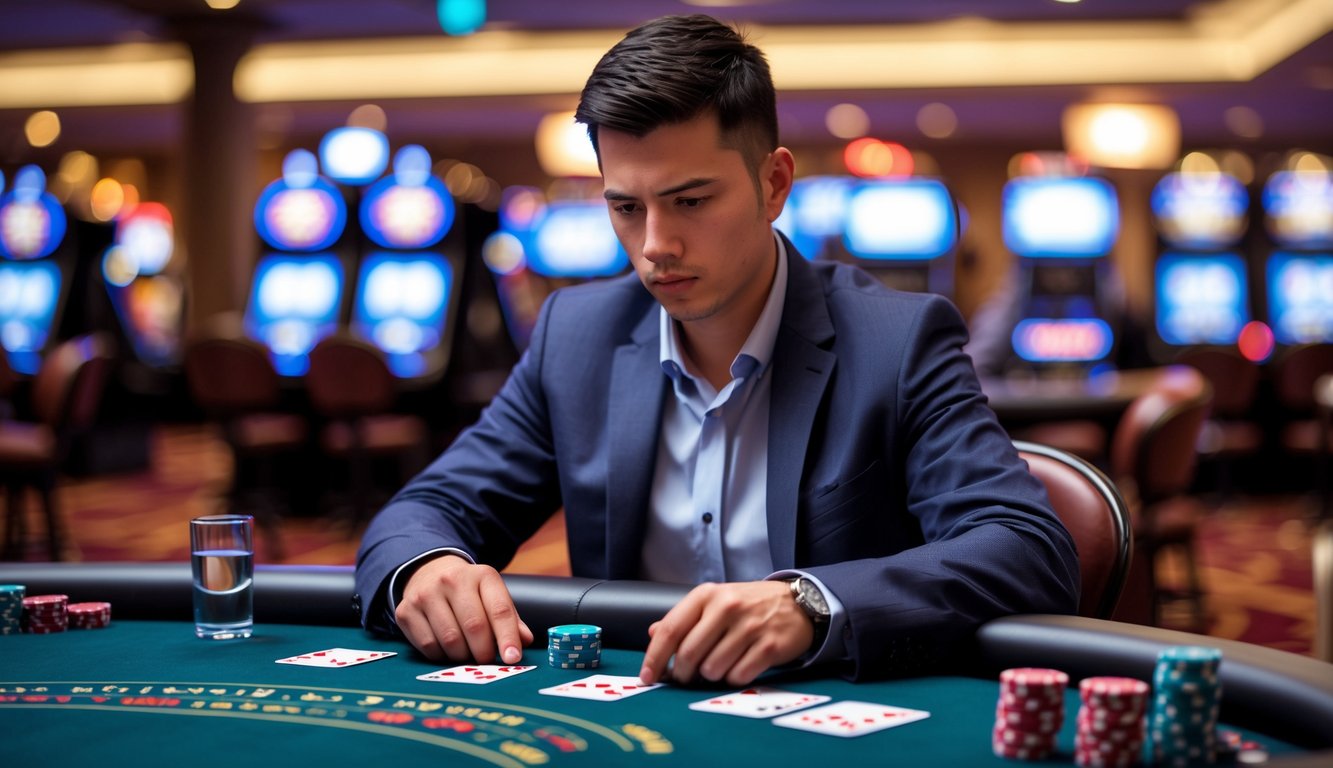 Seorang pemain poker yang tenang dan fokus duduk di meja poker dengan kartu dan chip, di dalam suasana kasino yang terang dan rapi.