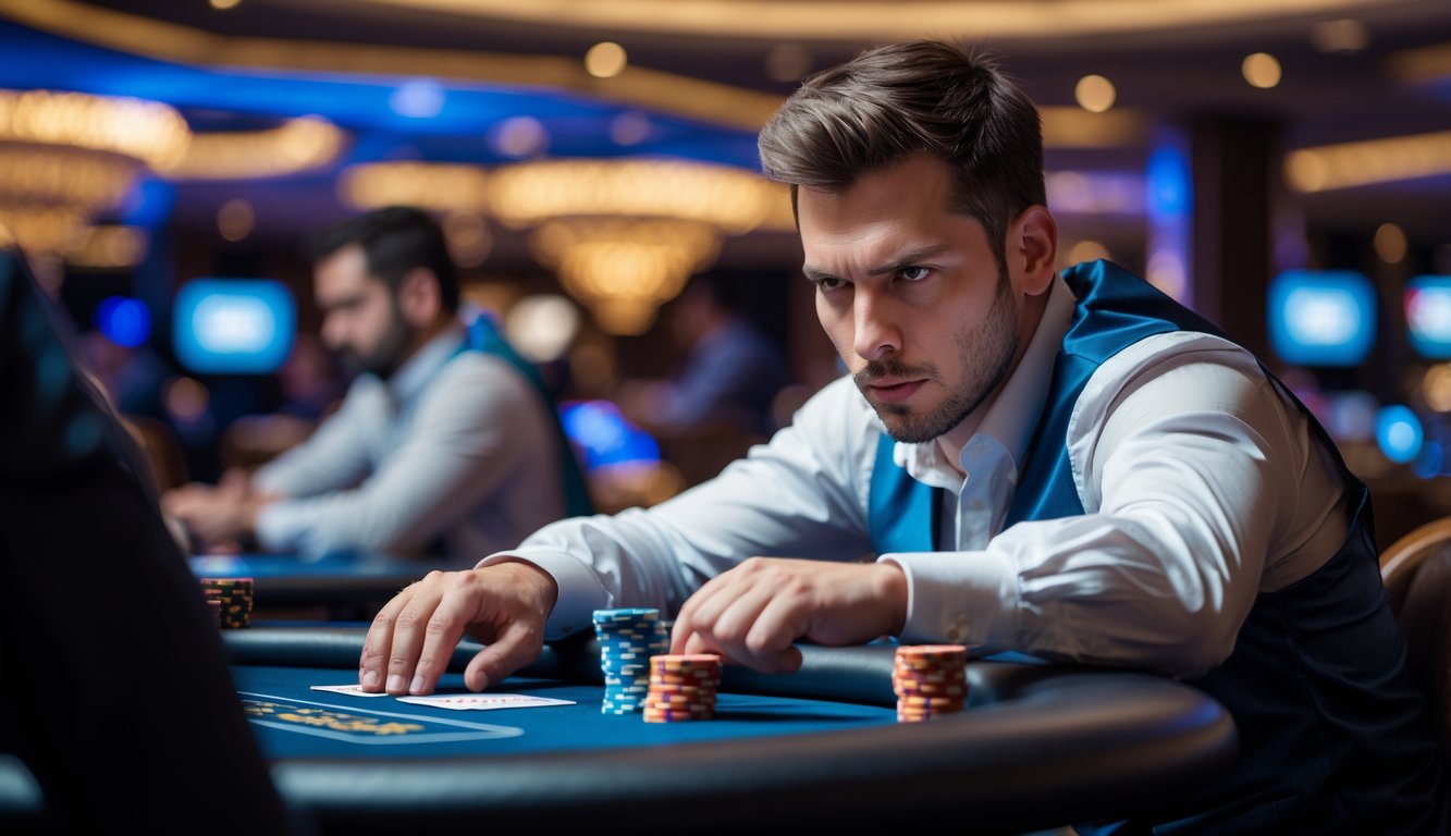 Seorang pemain poker fokus di meja poker dengan tumpukan chip dan kartu di kasino mewah.