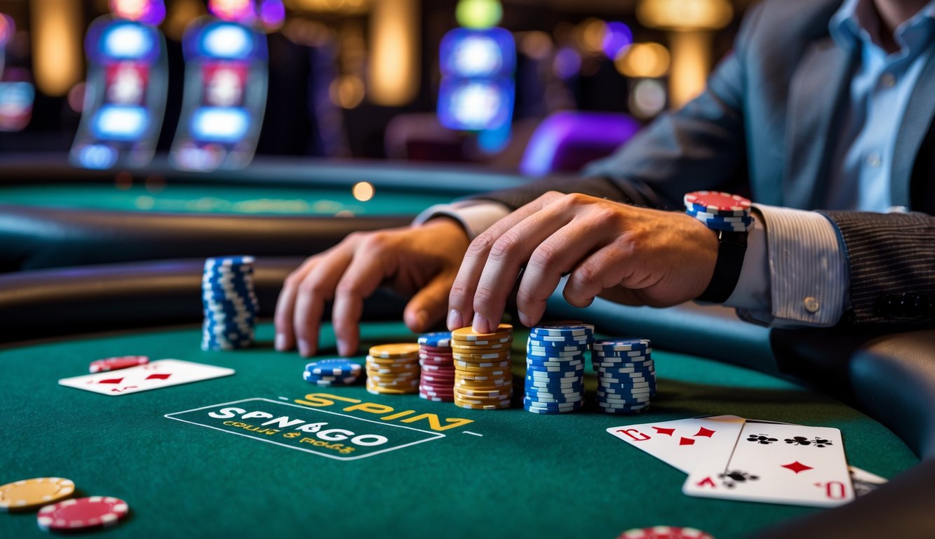 Meja poker dengan chip dan kartu, tangan pemain sedang mengatur chip di kasino yang terang.