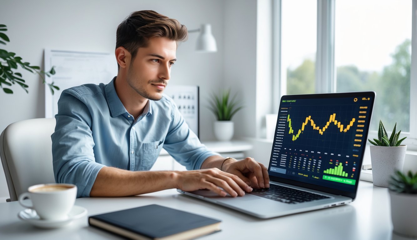 Seorang pria muda duduk di meja kerja dengan laptop, fokus menganalisis data dan grafik dalam ruangan kantor rumah yang terang dan rapi.