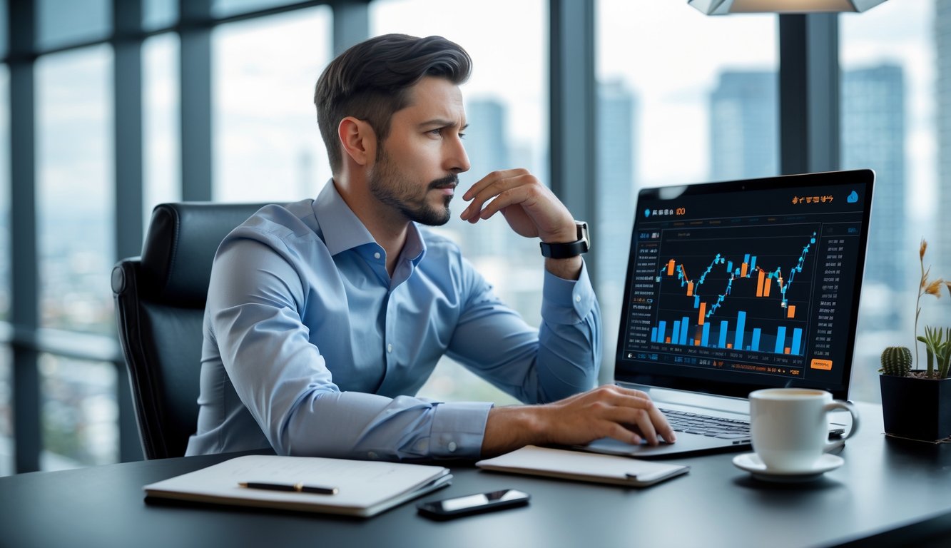 Seorang pria duduk di meja kantor modern sambil melihat laptop dengan grafik, menunjukkan suasana kerja yang fokus dan profesional.