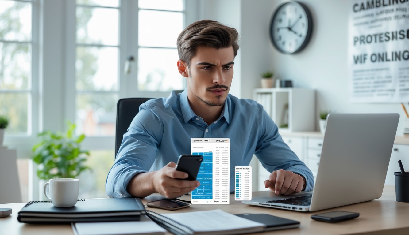 Seorang pria muda duduk di meja kerja dengan laptop dan ponsel, fokus menganalisis data dan strategi judi online di ruang kerja yang terang dan rapi.