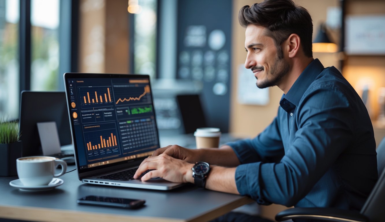 Seorang pria duduk di meja kantor modern, fokus melihat layar laptop dengan data dan grafik terkait strategi judi online.