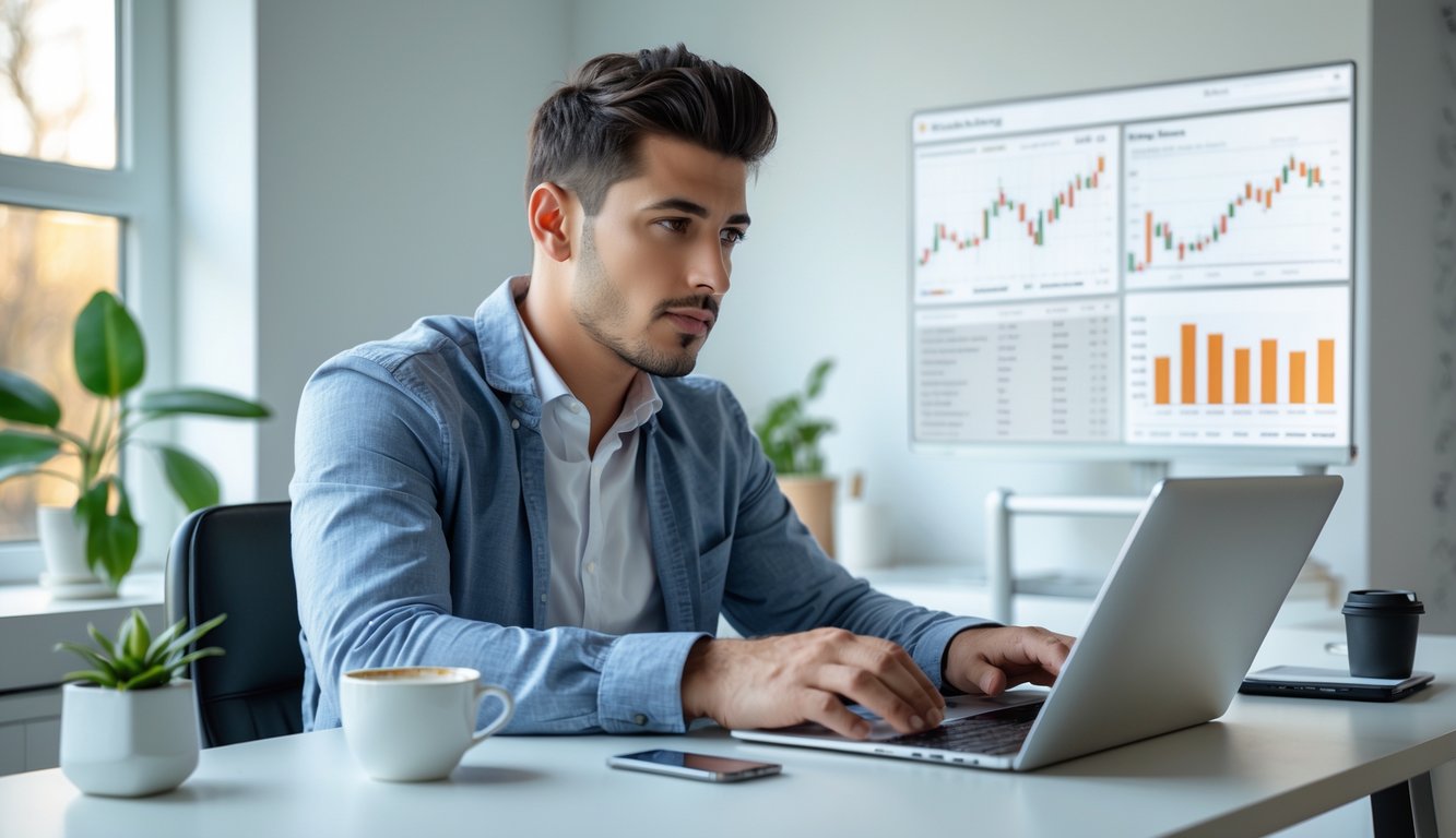 Seorang pria muda duduk di meja kerja dengan laptop, fokus menganalisis data di ruang kerja yang terang dan rapi.