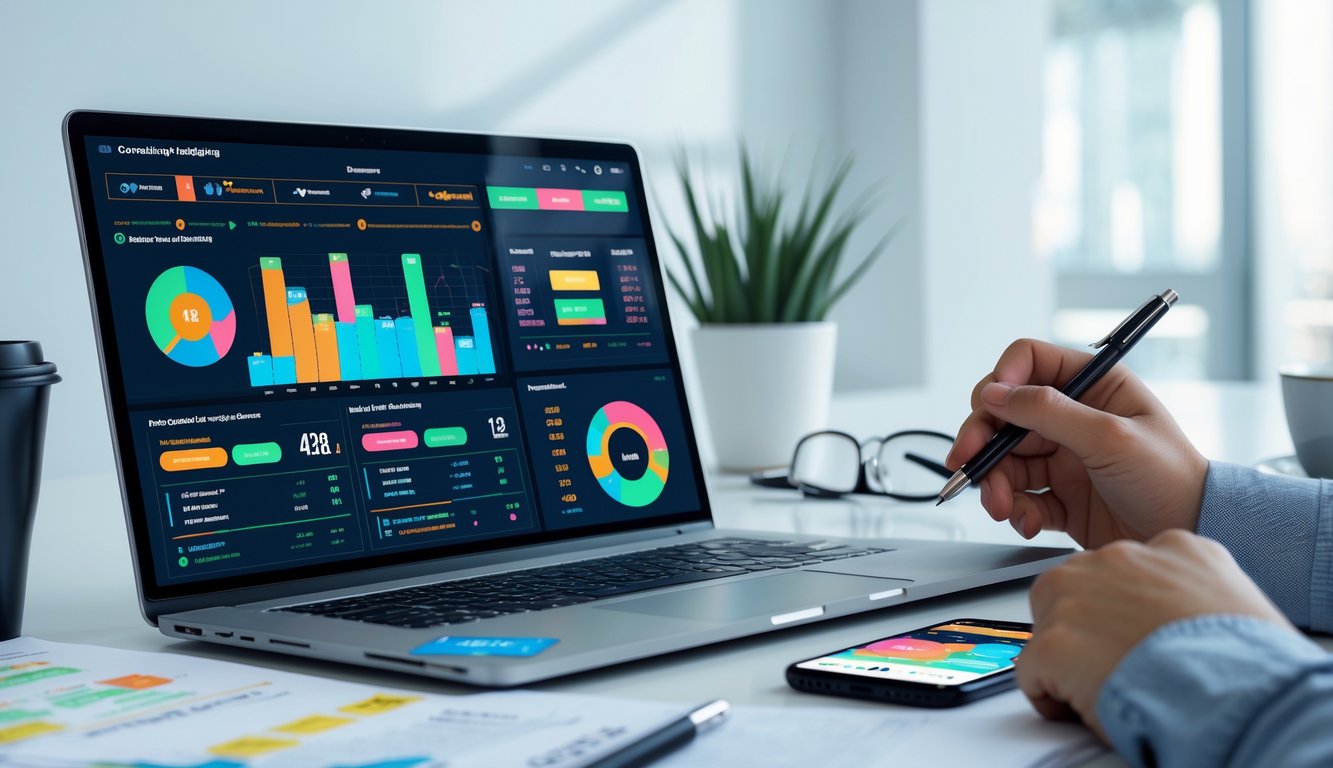 Seseorang duduk di meja kerja dengan laptop, catatan, dan ponsel, sedang menganalisis data taruhan judi online.