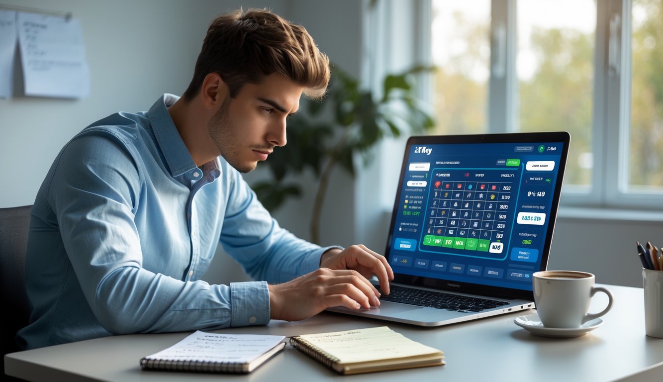 Seorang pria muda duduk di meja dengan laptop dan ponsel, fokus mempelajari taruhan online di ruangan yang terang.