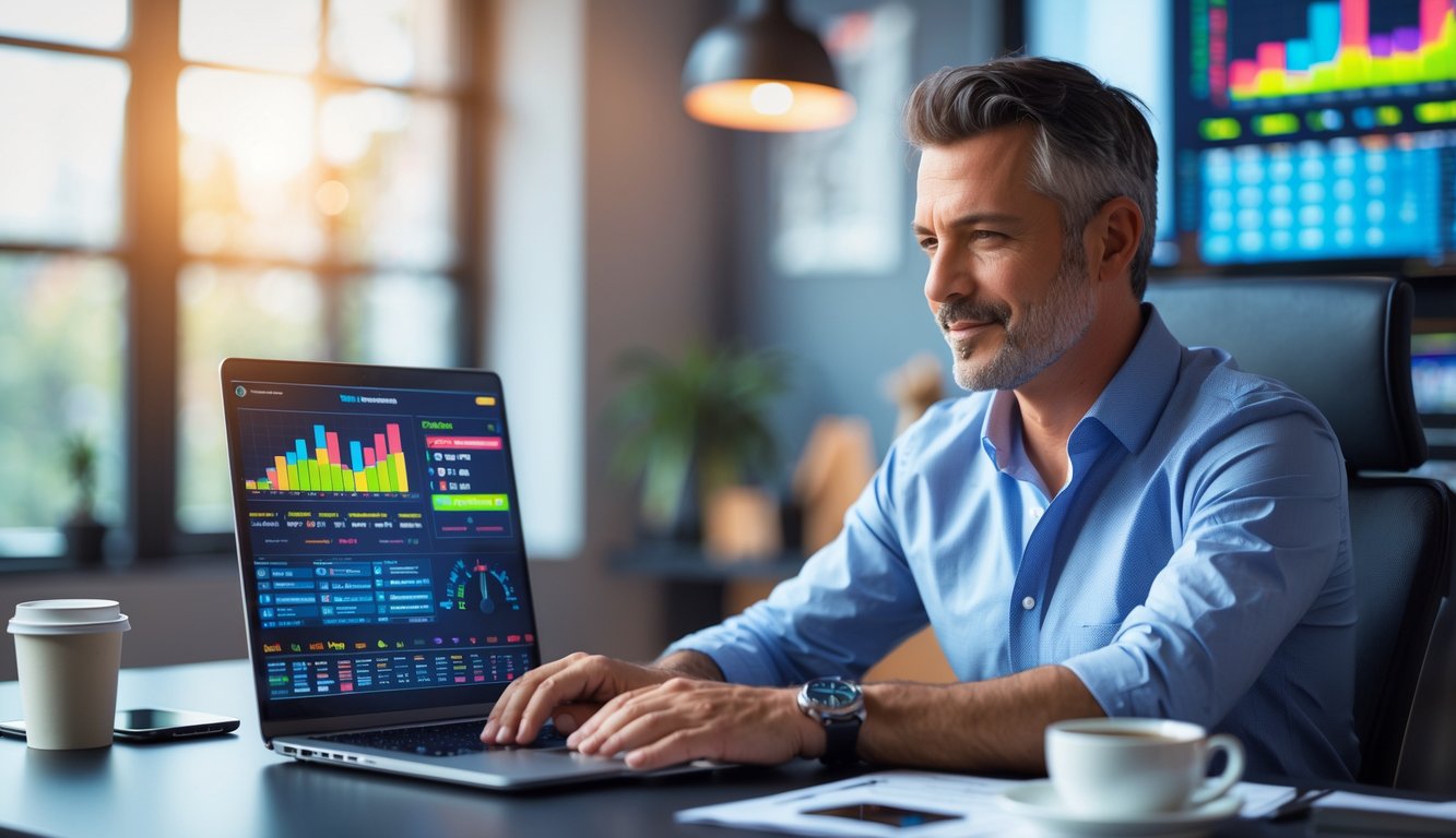 Seorang pria dewasa duduk di depan laptop di kantor modern, fokus pada layar dengan grafik dan catatan di meja.