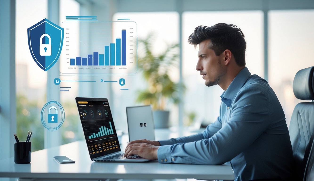 Seorang pria muda duduk di meja kantor modern, fokus melihat layar laptop dengan grafik dan simbol keamanan di sekitarnya.