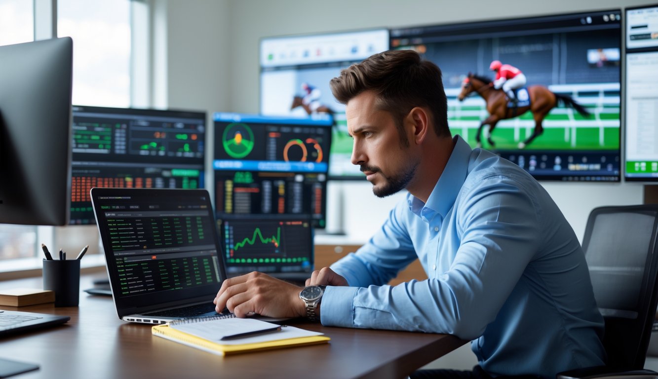 Seorang pria sedang menganalisis data taruhan pacuan kuda di depan laptop dengan beberapa layar menampilkan grafik dan statistik di sebuah kantor.