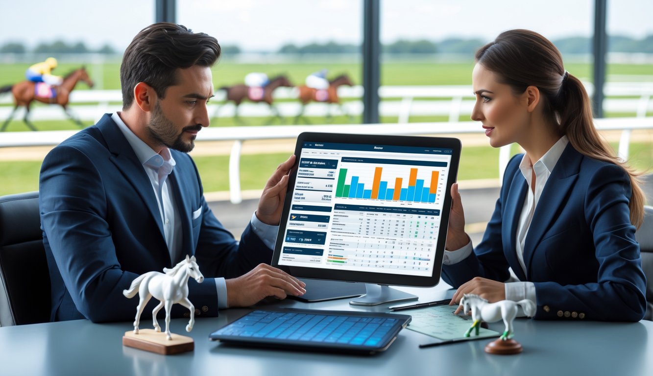 Dua orang sedang menganalisis grafik dan statistik taruhan pacuan kuda di meja dengan latar belakang lintasan pacuan kuda dan kuda yang sedang berlari.