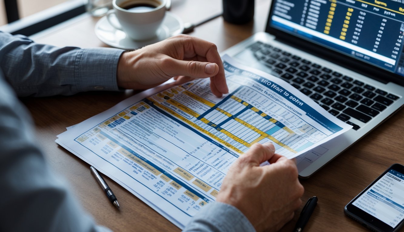 Seseorang sedang melihat formulir pacuan kuda dengan dokumen dan laptop di meja.