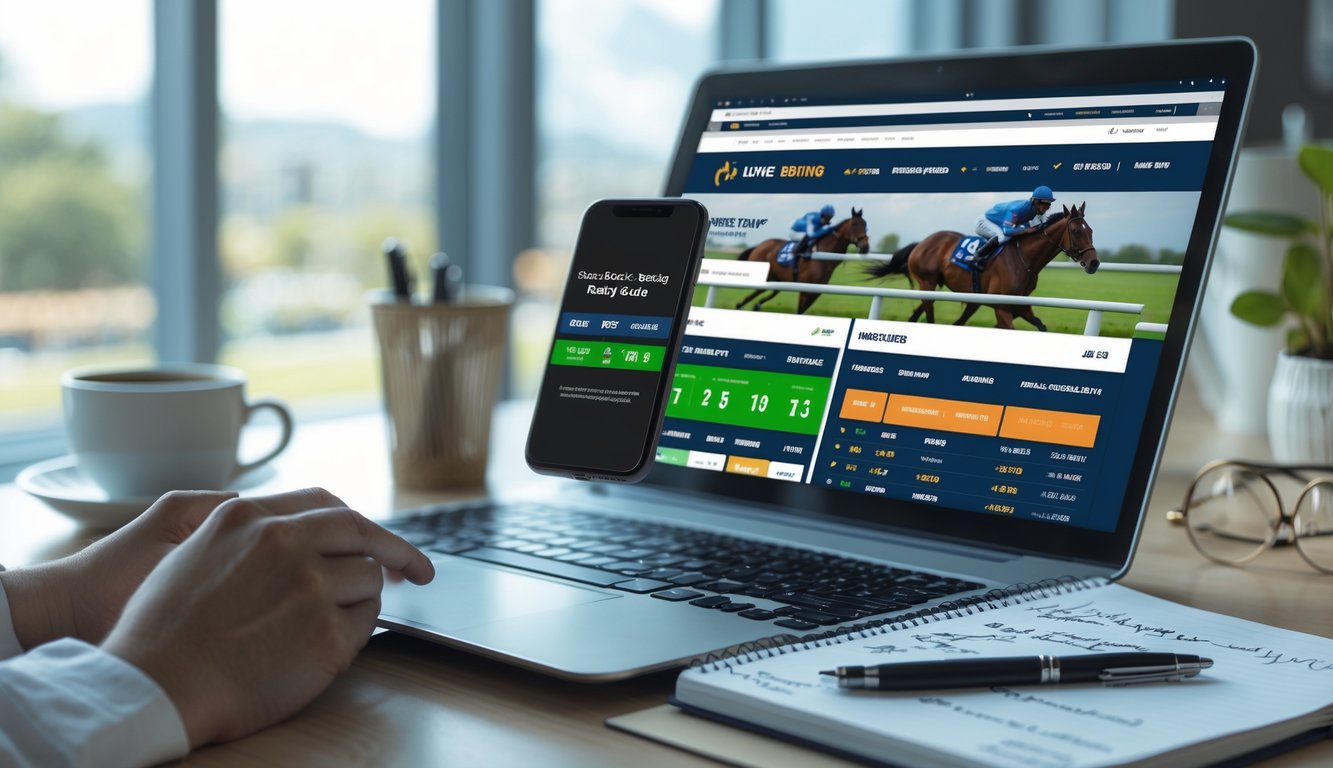 Seseorang menggunakan laptop dan ponsel di meja kerja dengan catatan dan kopi, menunjukkan aktivitas terkait taruhan pacuan kuda online.