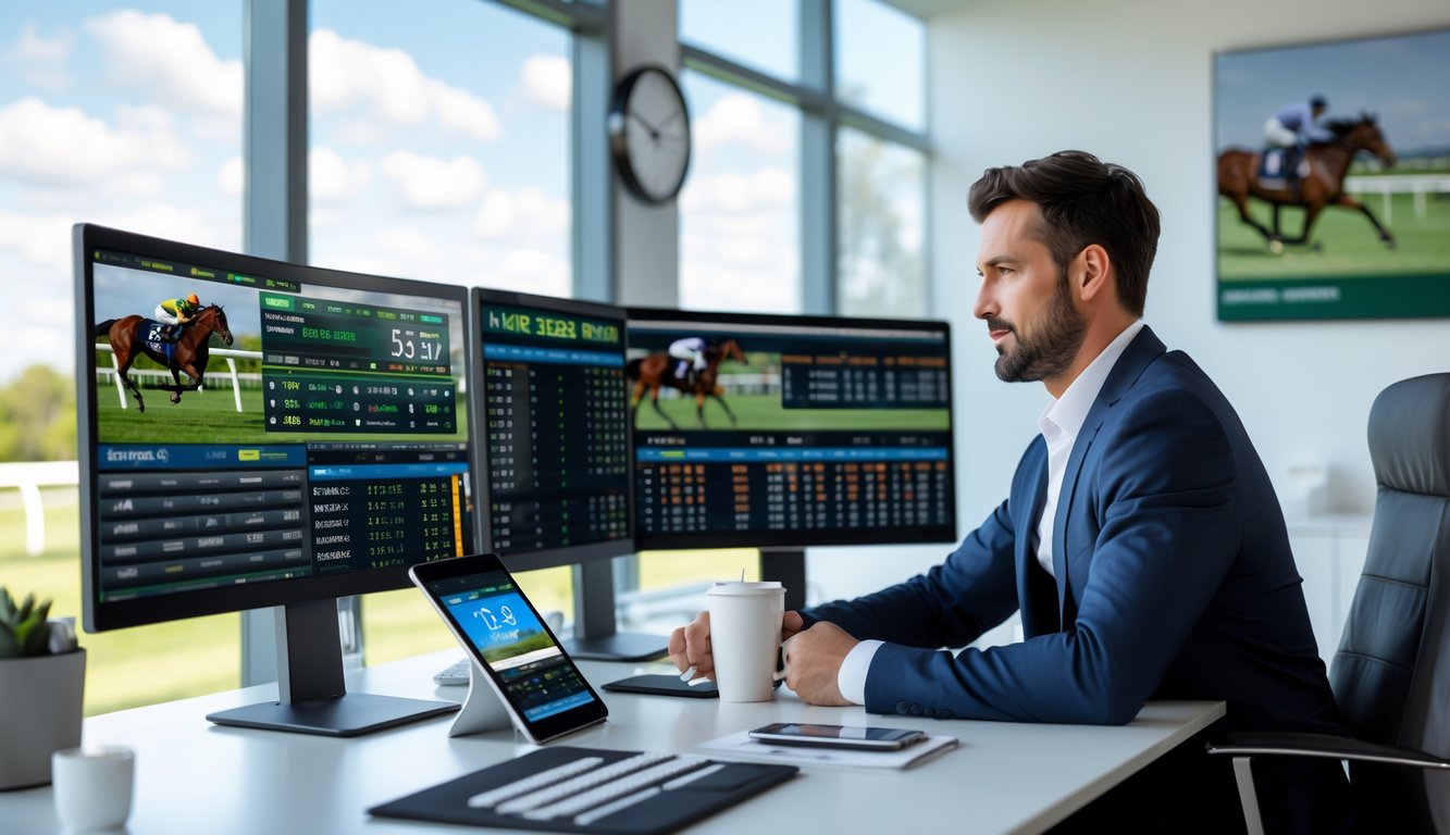 Seorang pria duduk di meja dengan beberapa layar komputer yang menampilkan statistik pacuan kuda, sedang fokus menganalisis data taruhan.