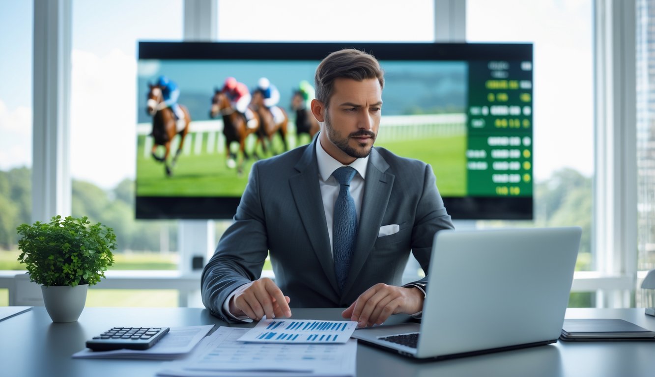 Seorang pria profesional duduk di meja kerja dengan dokumen dan laptop, di belakangnya layar menampilkan pacuan kuda.
