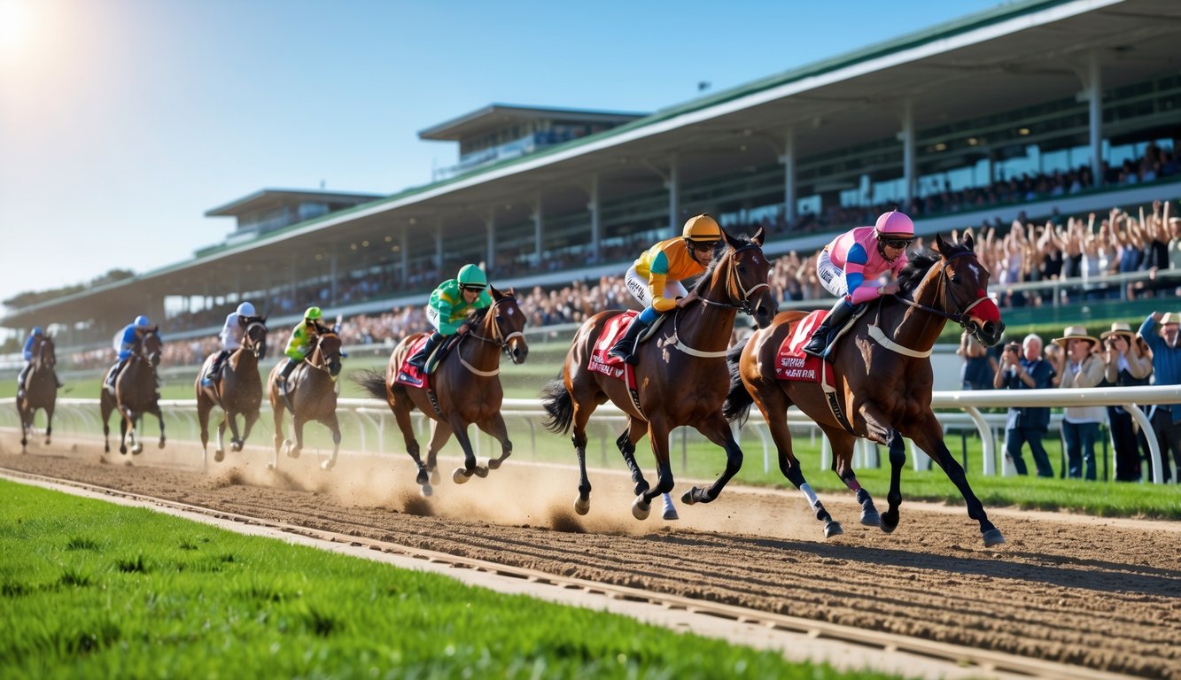Beberapa kuda pacuan dengan joki berwarna-warni sedang berlari di lintasan pacuan dengan penonton di tribun.