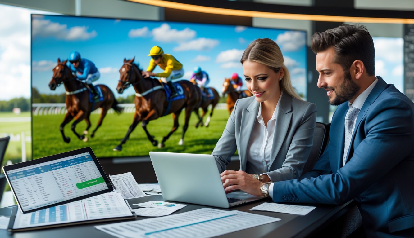 Dua orang sedang menganalisis data taruhan pacuan kuda di meja dengan layar menampilkan balapan kuda di latar belakang.