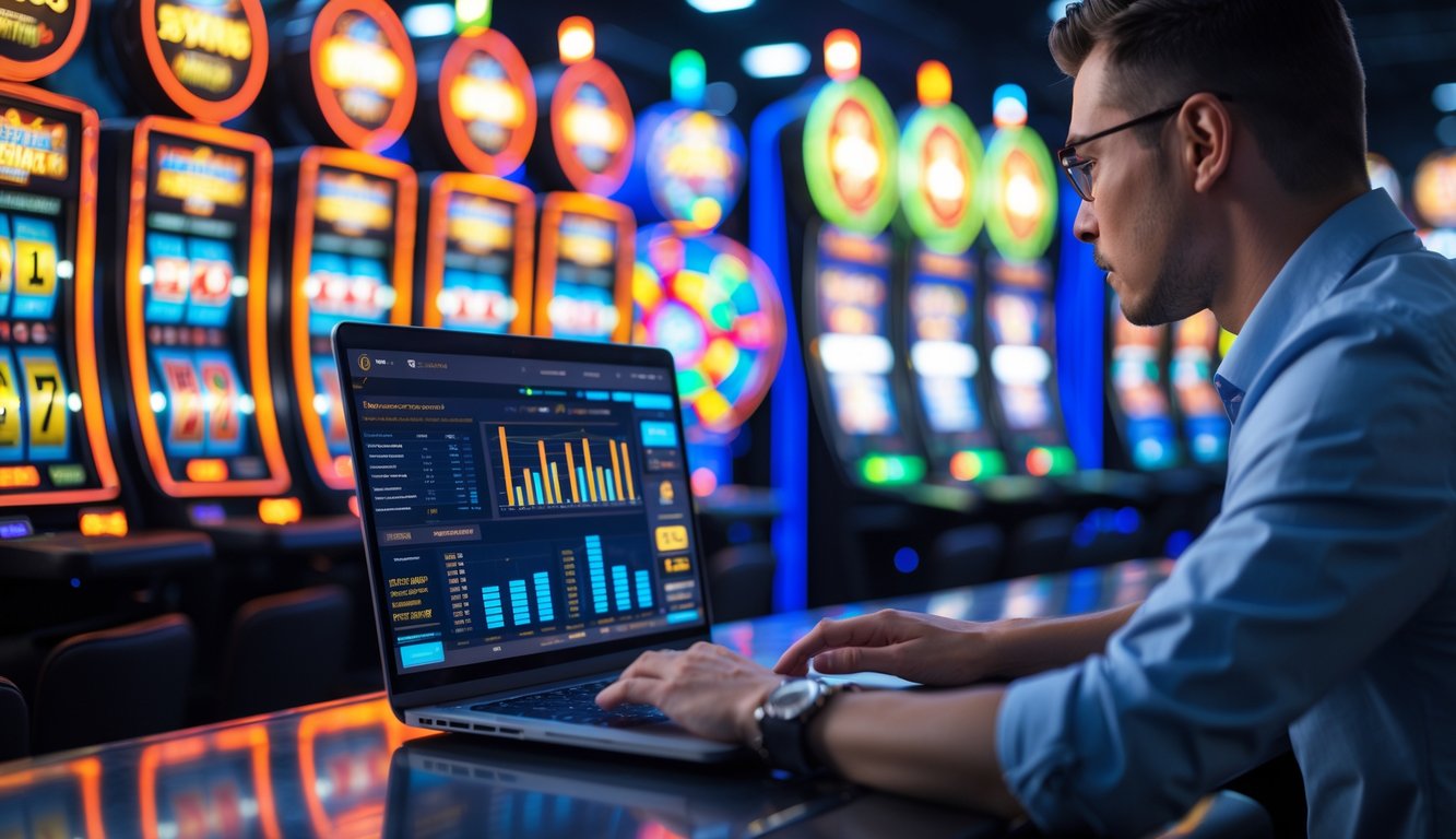 Seseorang sedang menganalisis data di laptop di depan mesin slot yang menyala di kasino.