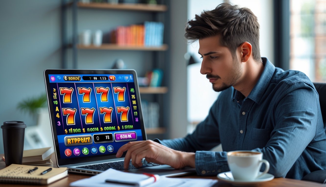 Seorang pria muda duduk di depan laptop dengan grafik mesin slot di layar, di meja terdapat catatan dan ponsel, suasana kantor yang terang dan tenang.