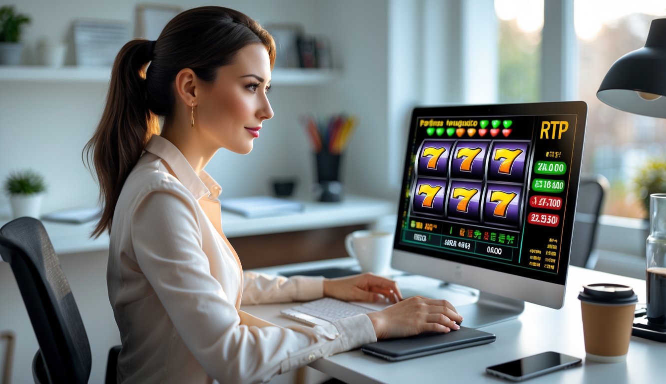Seorang wanita muda duduk di meja kerja dengan laptop yang menampilkan grafik mesin slot, tampak fokus dan serius mempelajari strategi permainan.