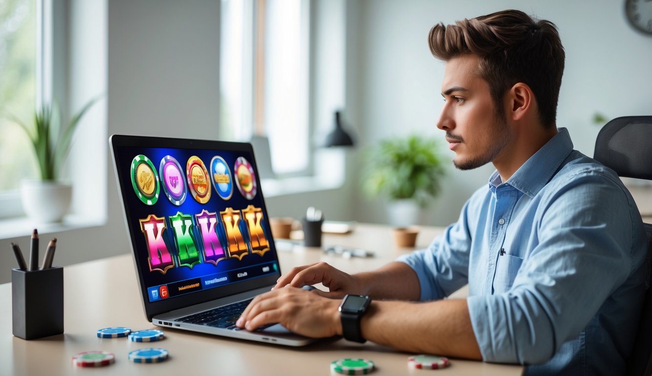 Seorang dewasa muda duduk di meja modern dengan laptop yang menampilkan permainan slot, di sekitar meja terdapat beberapa koin dan chip judi kecil.