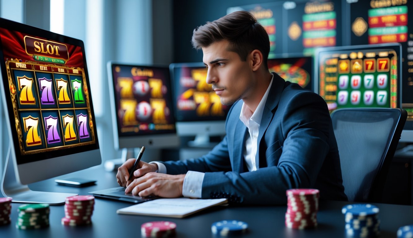 Seorang pria muda duduk di meja dengan beberapa layar komputer menampilkan permainan slot dan grafik statistik, sedang mencatat dan fokus bekerja.