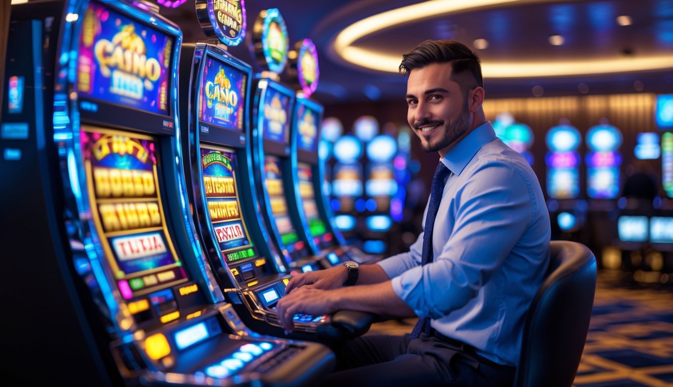 Seorang pemain di kasino modern sedang bermain mesin slot dengan suasana cerah dan mesin slot berwarna-warni di latar belakang.