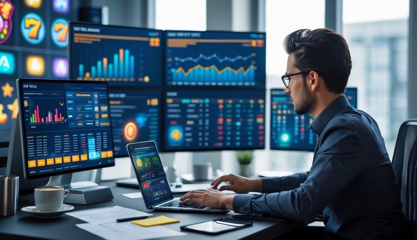 Seseorang duduk di meja modern dengan beberapa layar komputer menampilkan grafik dan data, sedang fokus menganalisis strategi permainan slot.