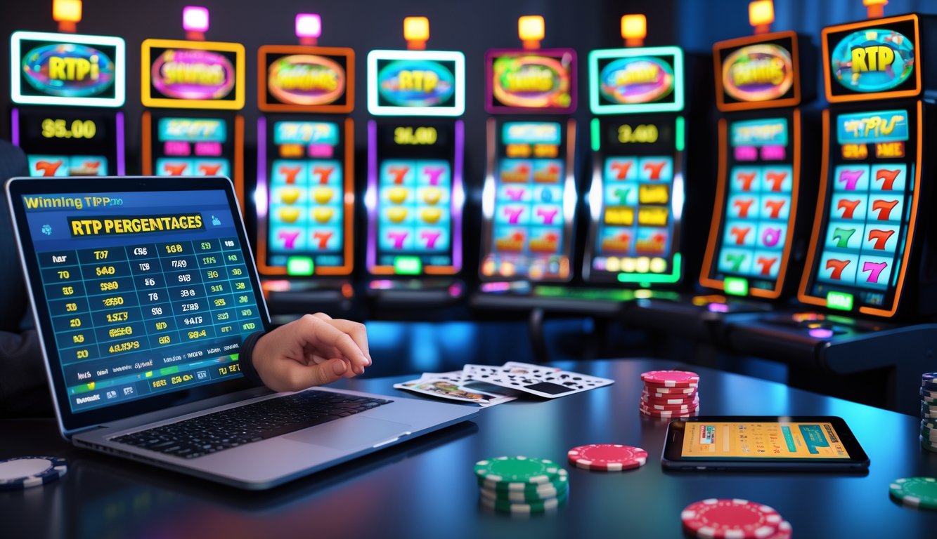 Seseorang duduk di meja kerja dengan beberapa layar mesin slot dan laptop yang menampilkan grafik, dikelilingi oleh chip poker dan kartu remi.