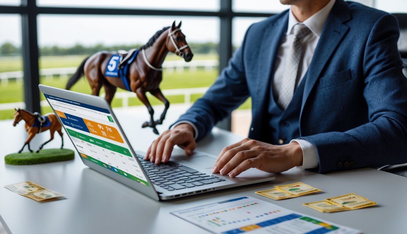Seorang pria duduk di meja dengan laptop, di latar belakang terlihat arena balap kuda, suasana terang dan fokus.