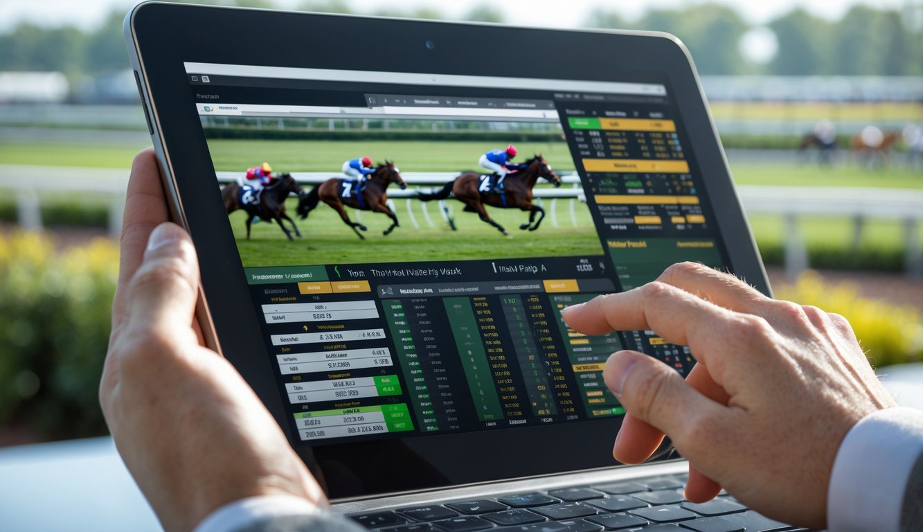 Seseorang menggunakan tablet dengan tampilan statistik dan grafik balap kuda, dengan latar belakang lintasan balap dan kuda yang sedang berlari.