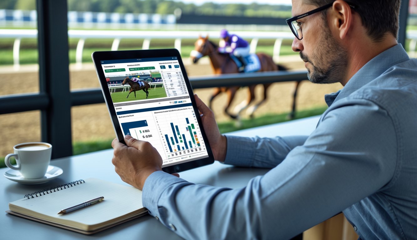 Seorang pria sedang menganalisis data balap kuda menggunakan tablet di depan meja dengan latar belakang lintasan balap dan kuda yang sedang berlari.